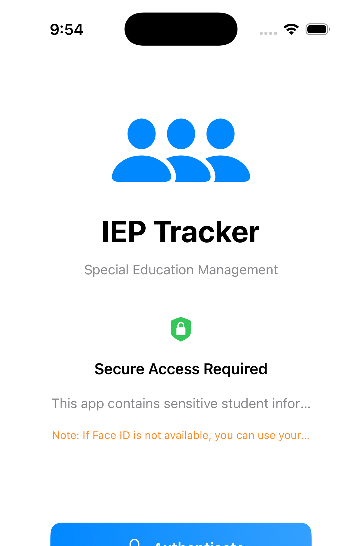 IEP Tracker mobile secure login screen